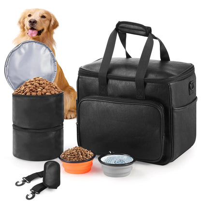 Lasaviin Dog Travel Bag Leather Travel Pet Bag Set for Dog and Cat Airline Approved Tote Organizer with Multi-Function Pockets 2 Food Storage Containers 2 Collapsible Bowls Weekend Bag Luggage
