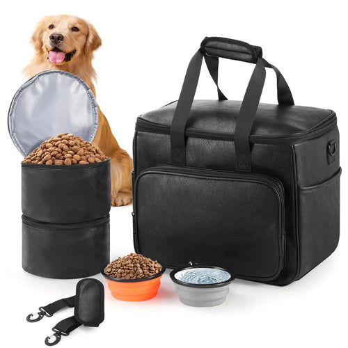 Lasaviin Dog Travel Bag Leather Travel Pet Bag Set for Dog and Cat Airline Approved Tote Organizer with Multi-Function Pockets 2 Food Storage Containers 2 Collapsible Bowls Weekend Bag Luggage